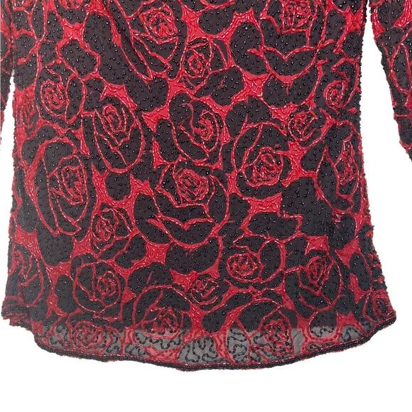 Vintage Paradise NY Size Medium Silk Beaded Formal Top Drape Neck Red Roses - Picture 6 of 10
